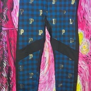 Blue Plaid Pants with Gold Lettering
